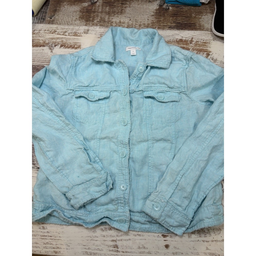 Charter Club Linen Shacket Womens Medium Blue Button Front Lightweight Jacket
